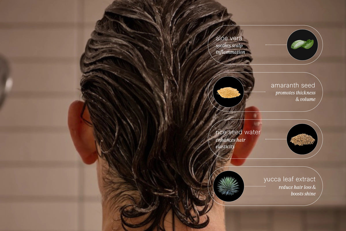A person with wet, dark hair seen from behind has JACK HENRY - CONDITIONER applied. Aloe vera, amaranth seed, rice seed water, and yucca leaf extract in white text highlight JACK HENRY's plant-based strengthening emollients.
