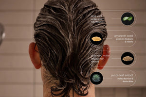 A person with wet, dark hair seen from behind has JACK HENRY - CONDITIONER applied. Aloe vera, amaranth seed, rice seed water, and yucca leaf extract in white text highlight JACK HENRY's plant-based strengthening emollients.