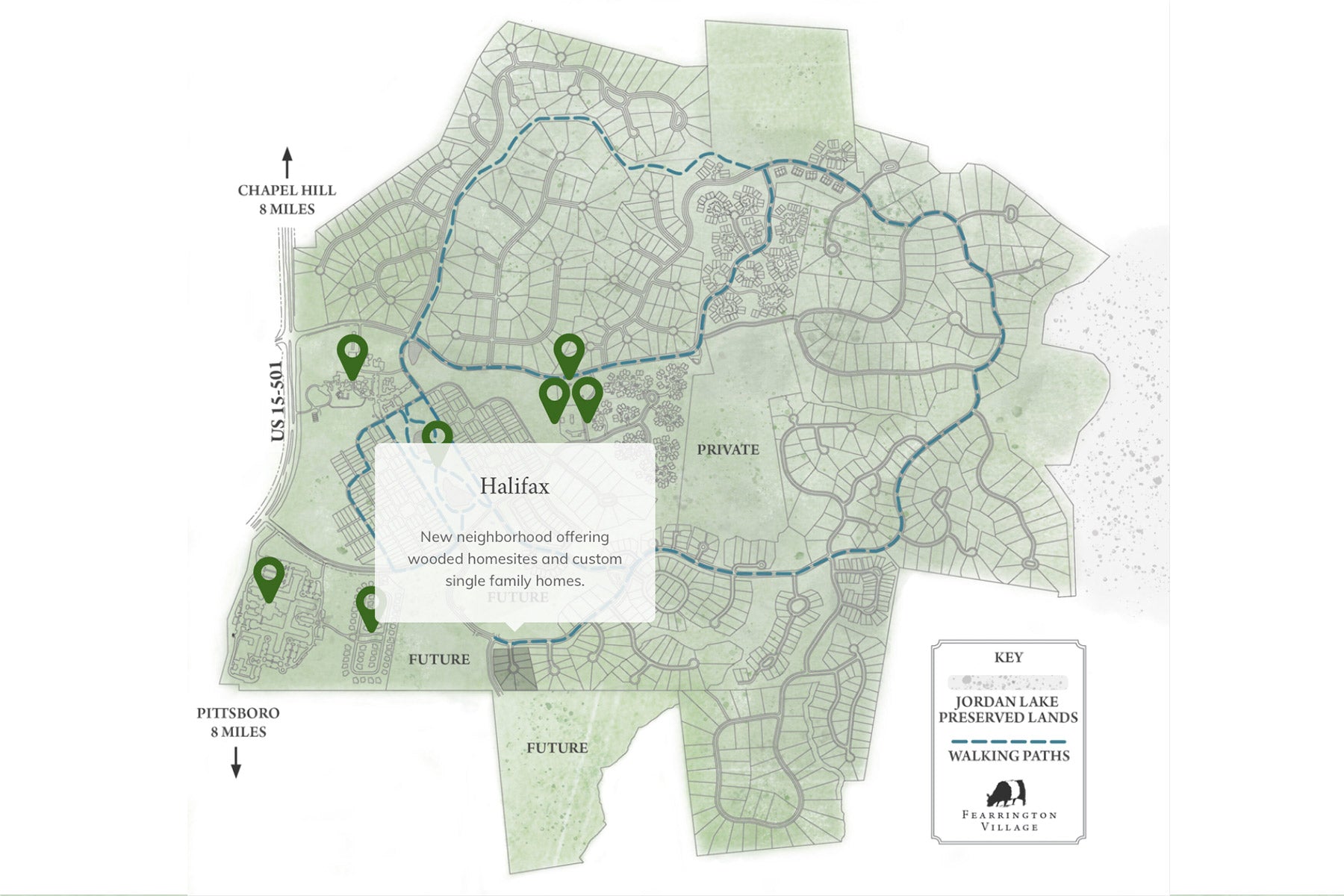 A map of Fearrington Village with homesites, walking paths, future areas, and preserved lands labeled. A popup highlights Halifax, a new neighborhood with wooded homesites and custom single-family homes. Key and distances to nearby towns shown.