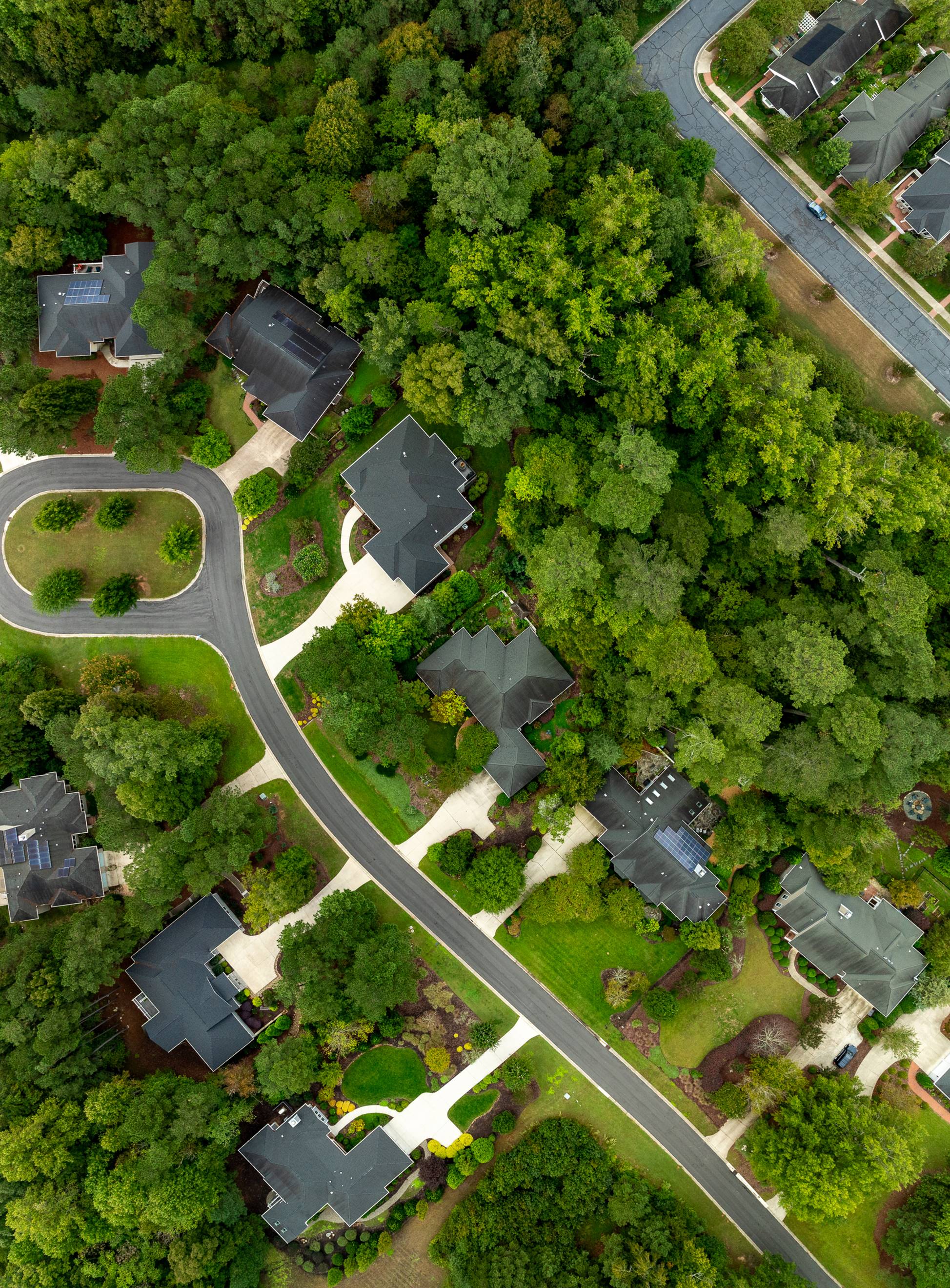 Aerial view of a suburban neighborhood with houses surrounded by dense trees and greenery, featuring winding roads and well-maintained lawns.