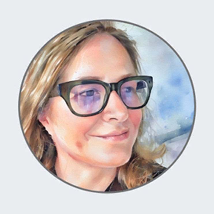 A digital portrait of a smiling person with light brown hair, wearing large black-rimmed glasses, looking slightly to the side, with a soft, blurred blue and white background.