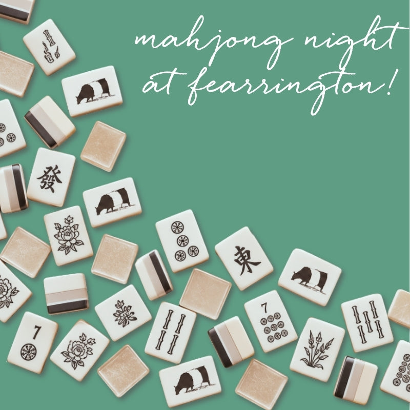 Mahjong tiles are arranged diagonally atop a green backdrop, with “MAHJONG NIGHT AT FEARRINGTON” elegantly inscribed in cursive in the upper right corner, inviting enthusiasts to join this special event hosted by the Chapel Hill Mahjong Club and presented by FEARRINGTON VILLAGE.