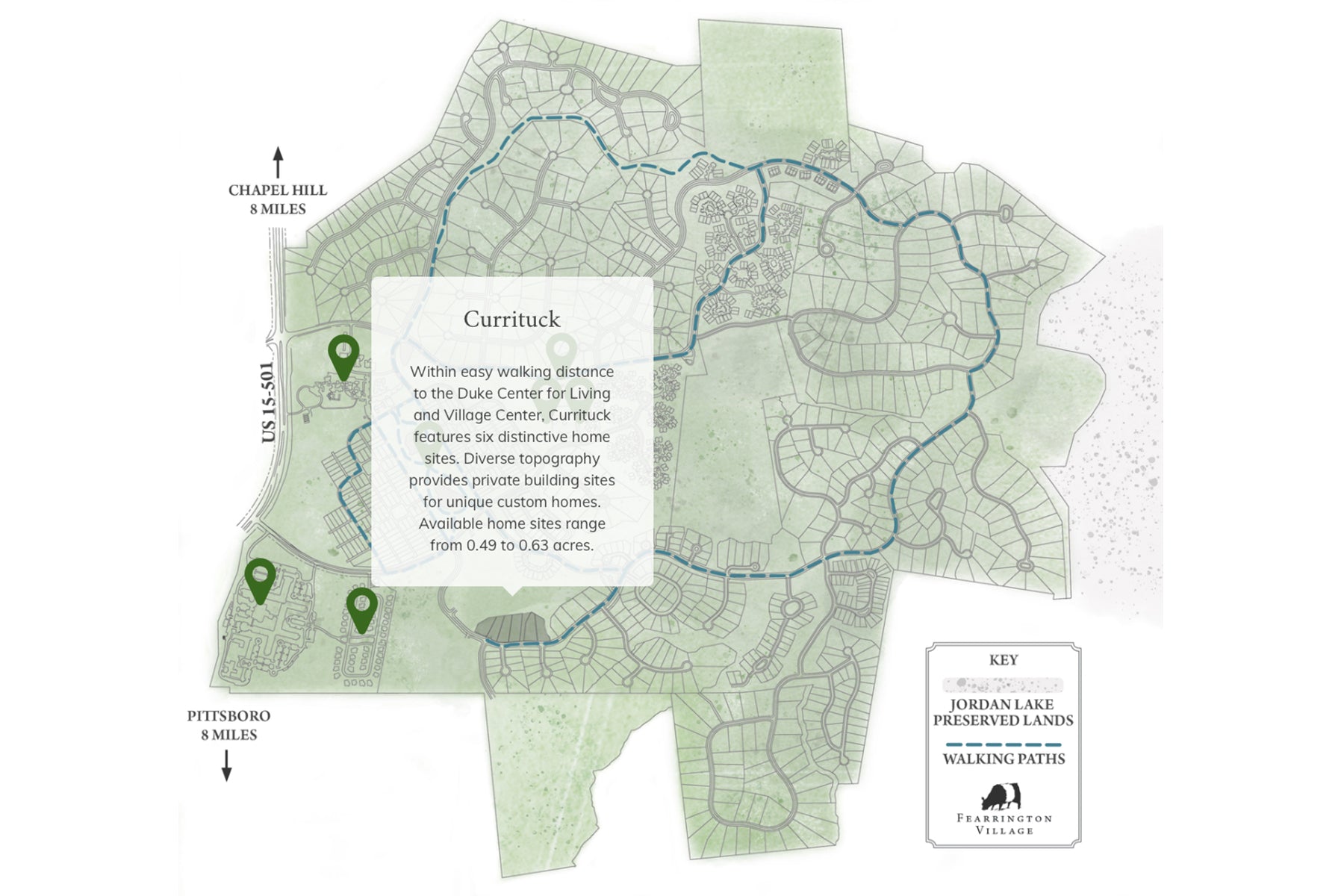 Map of Currituck neighborhood showing lot layouts, walking paths, preserved lands, and location markers for nearby points of interest. Includes descriptive text about Currituck and distances to Chapel Hill and Pittsboro.