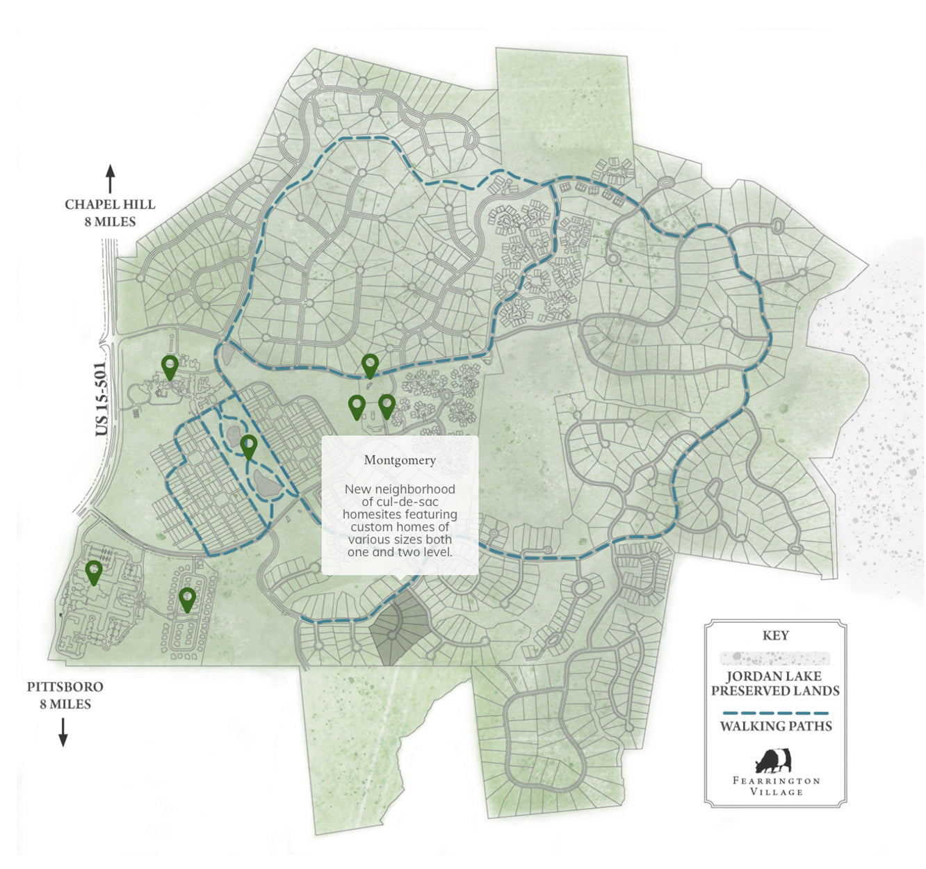 Map of a residential neighborhood with streets, outlined lots, walking paths marked in blue, green icons for points of interest, and labels for directions to Chapel Hill and Pittsboro, plus a key for symbols.