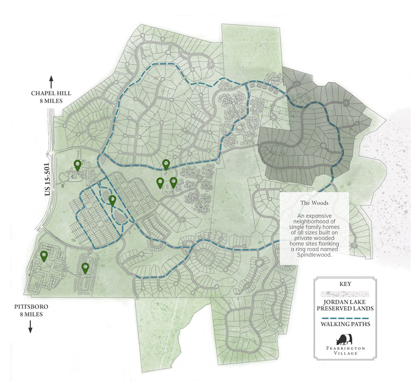 A map of The Woods neighborhood shows walking paths, preserved lands, houses, and notable locations, with distances to Chapel Hill and Pittsboro marked on the edges. A legend explains symbols for paths and preserved lands.