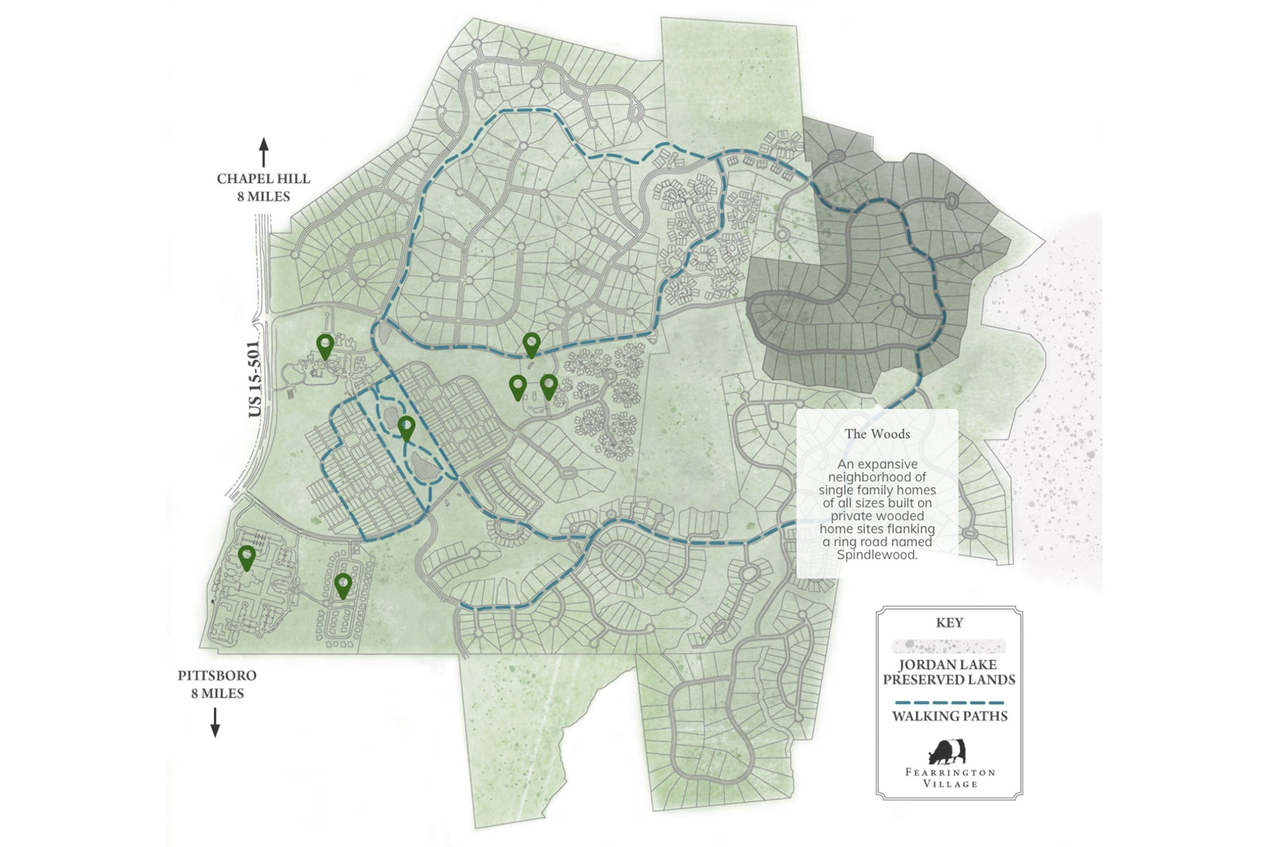 Map of The Woods neighborhood, showing winding walking paths, preserved lands, and home sites within a residential area. Key locations marked with green pins; US 15-501, Chapel Hill, and Pittsboro directions noted.