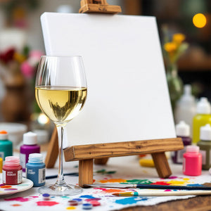 Guests seated at a table enjoy the PAINT & SIP EVENING AT FEARRINGTON by FEARRINGTON VILLAGE, with blank canvases, paint palettes, brushes, paper cups, and a glass of white wine on the table.