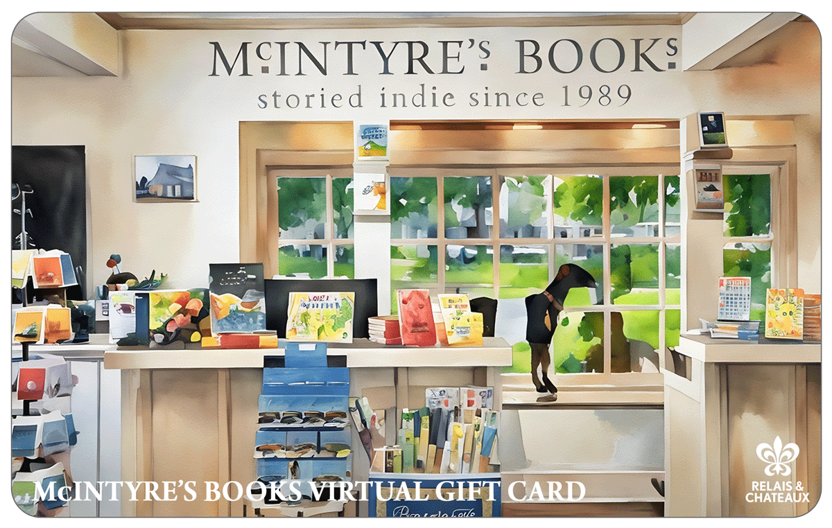 A cozy bookstore interior with books and cards on display counters, a dog looking out a large window, and a sign reading “McINTYRE’S BOOKS storied indie since 1989.” Text at the bottom says “VIRTUAL GIFT CARD.”.