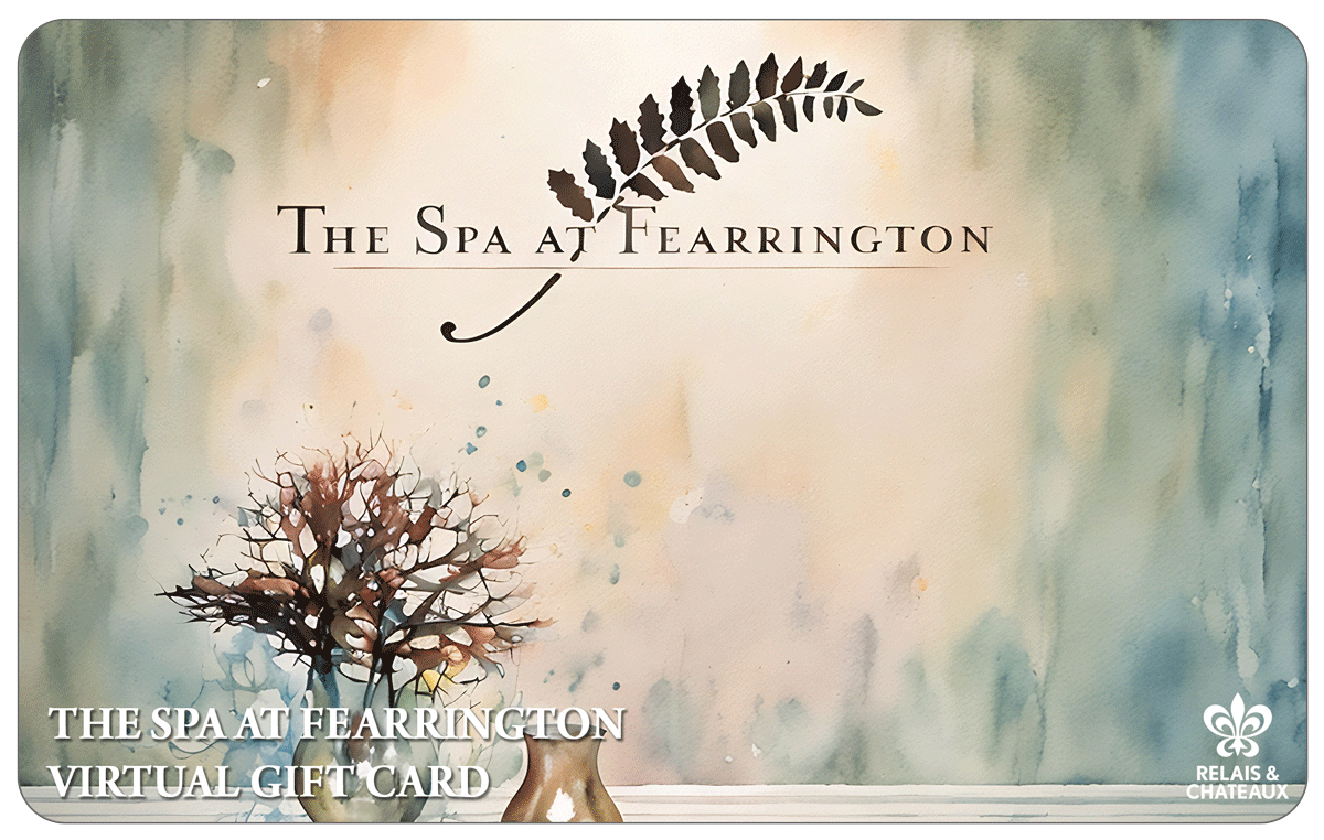 A watercolor-style image features a tree in a vase and The Spa at Fearrington logo with a fern above the text. "The Spa at Fearrington Virtual Gift Card" and the Relais & Chateaux logo appear in the bottom corner.