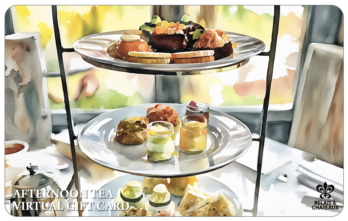 A three-tiered tray holds assorted pastries, sandwiches, and desserts for afternoon tea, set by a window with sunlight streaming in. The Relais & Chateaux logo and "Afternoon Tea Virtual Gift Card" text are visible.