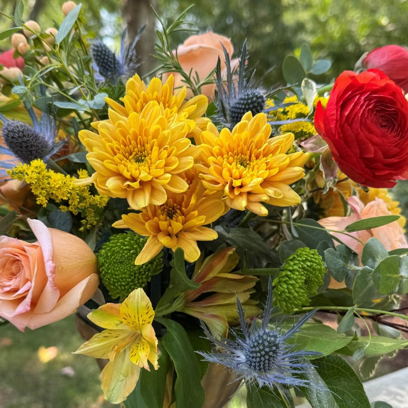 A FESTIVE FLORAL WORKSHOP: THANKSGIVING CENTERPIECE at Fearrington Village featuring yellow chrysanthemums, peach roses, a red ranunculus, green button mums, and blue thistle.