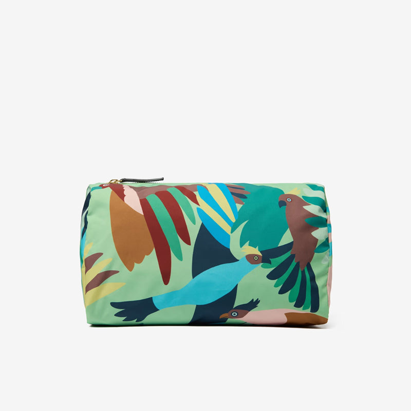 A rectangular zippered pouch with a colorful pattern of stylized birds in flight on a light green background.