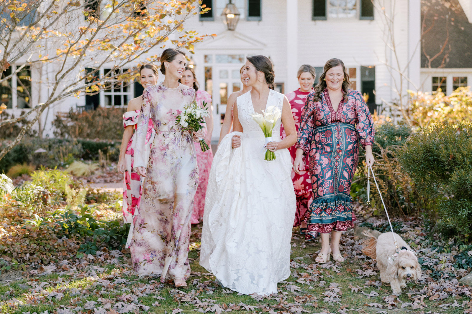 A bride in a white dress walks outdoors with her bridesmaids in floral dresses, all smiling. One bridesmaid holds a bouquet, another leads a small dog on a leash. They are in front of a white house surrounded by autumn leaves.