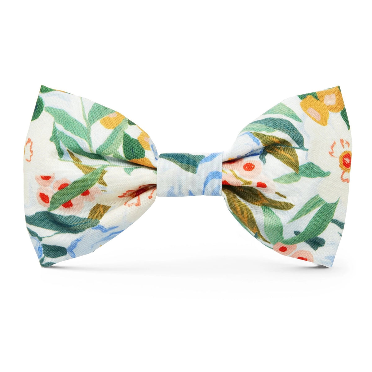 The DOG BOW TIE (STANDARD, GATHERED) by THE FOGGY DOG showcases a colorful floral pattern on a white background, featuring green leaves and flowers in shades of red, orange, and yellow. This vibrant and cheerful accessory is handcrafted in the USA, making it a perfect addition to your dog&#39;s accessories collection.