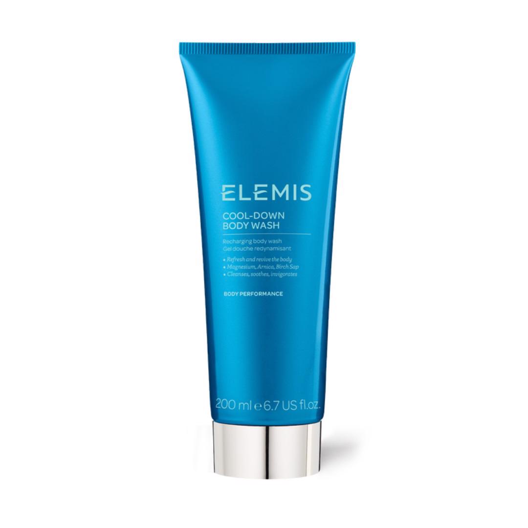 A 200 ml, 6.7 fl oz blue tube of ELEMIS - STEINER COOL DOWN BODY WASH, a revitalizing body wash infused with cooling menthol, stands against a white background. The tube features silver text listing the product name and details, along with a silver cap.