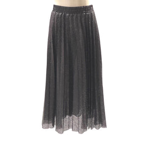 The BLACK SKIRT SEQUIN by SEVENTY is a knee-length, black pleated skirt made with shimmery textured fabric, perfect for an evening out. This fun skirt features an elastic waistband and is displayed on a white mannequin against a plain background.