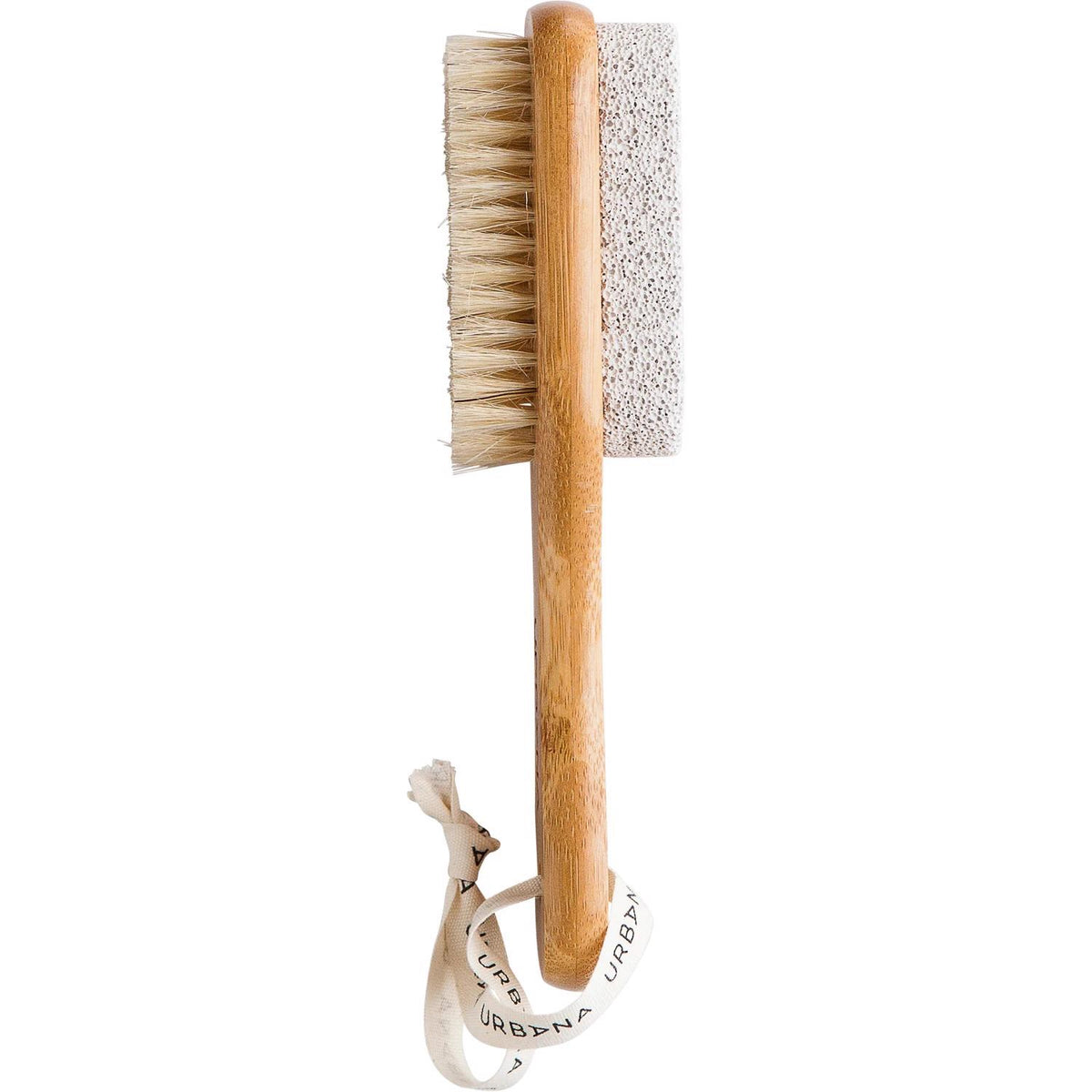 The EUROPEAN SOAPS, LLC PUMICE STONE WITH NAIL BRUSH features a wooden handle, natural bristles for nails, a pumice stone for exfoliation, and a looped fabric strap for easy use—ideal for smoothing and cleaning rough skin.