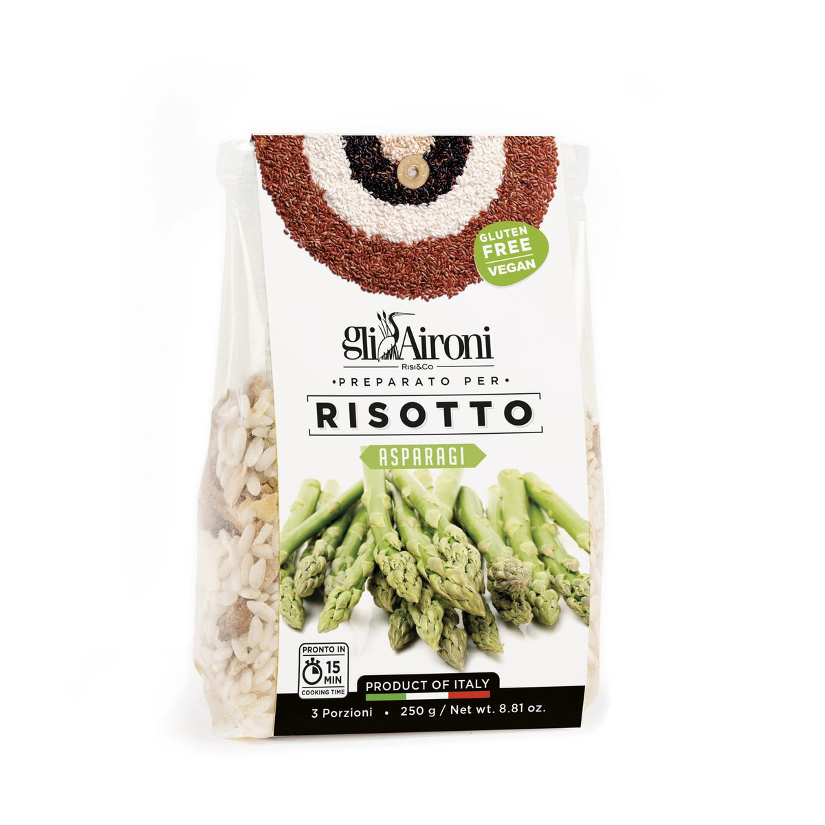 A package of GLI AIRONI - ASPARAGUS RISOTTO by ZIA PIA IMPORTS. The packaging features an image of dehydrated asparagus and uncooked risotto. Labels indicate it is gluten-free, vegan, and a product of Italy. The 250g package serves 2-3 portions and cooks in 15 minutes with carnaroli rice for an authentic flavor.