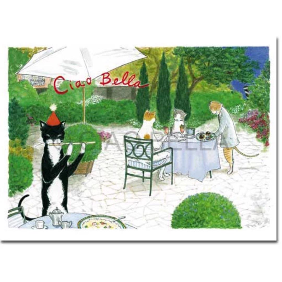 A whimsical illustration on the CIAO BELLA - HOTEL CIPRIANI CARD by CIAO BELLA features a black and white cat adorned with a red party hat, sitting at a table under an umbrella labeled "Ciao Bella." Nearby, an elegant cat serves food to two dining cats surrounded by lush greenery and flowers—creating the perfect scene for the cover of this charming blank note card.