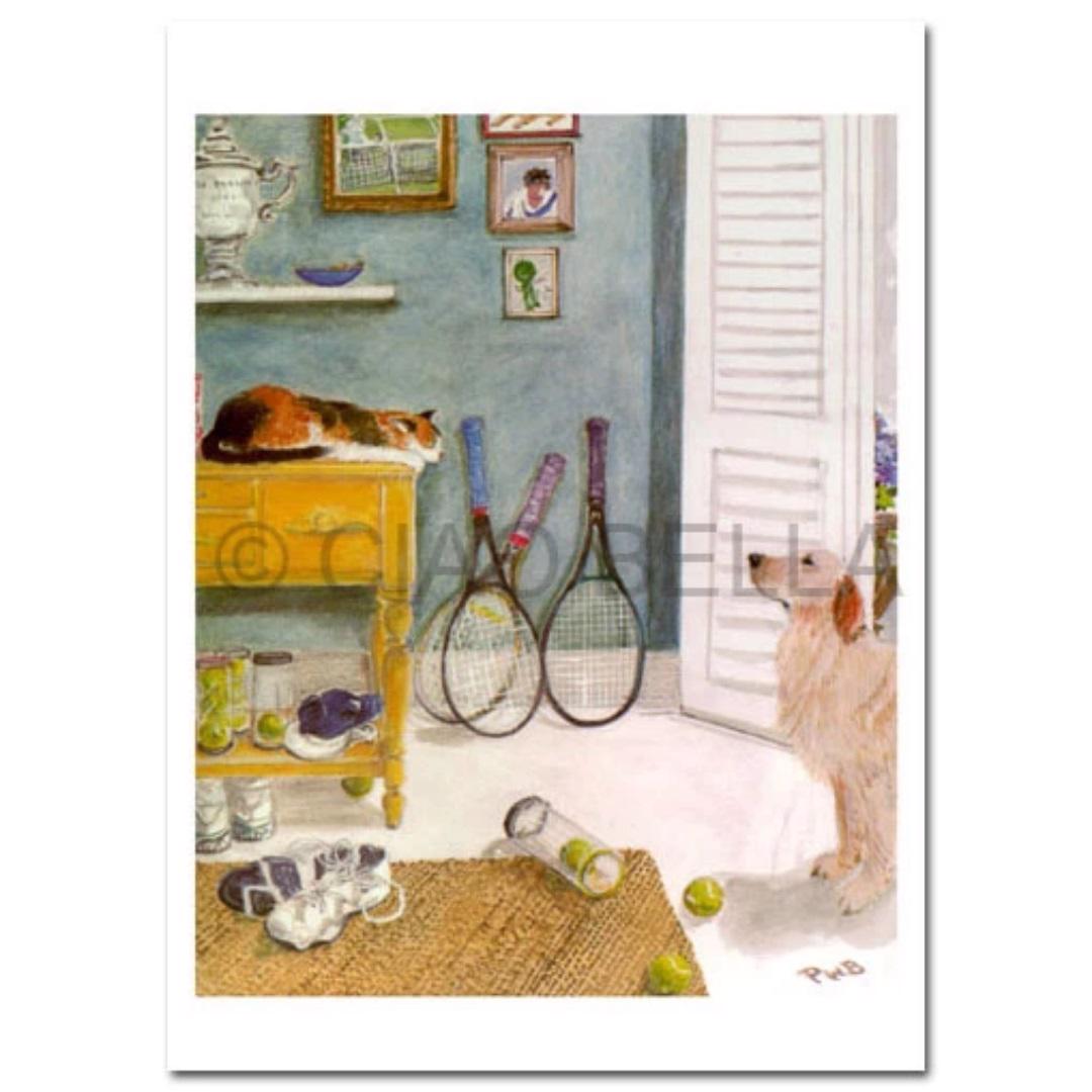 A painting of a cozy room features a cat sleeping on a yellow dresser. Below, there is tennis gear, shoes, and an envelope with the "CIAO BELLA - WILLOWMERE CARD" from CIAO BELLA. Three tennis rackets lean against the wall while a dog stands by the open door, looking in. The wall displays framed photos and shelves adorned with decor, illuminated by light streaming through the door.