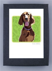 The PAPAER RUSSELS - IRISH SETTER BOXED CARDS by PAPER RUSSELLS feature an illustration of a brown, long-eared dog with its tongue out, wearing a collar. Set against a green patterned background and printed on recycled paper, each card is elegantly framed with a black border.