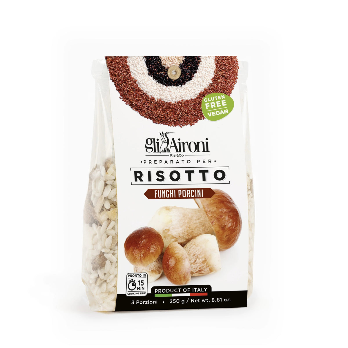 A package of Zia Pia Imports' Gli Aironi - Porcini Mushroom Risotto with Carnaroli rice. The packaging displays a blend of risotto rice and dried porcini mushrooms, along with labels indicating it is gluten-free and vegan. This ready-to-cook product weighs 250 grams (8.81 oz) and is made in Italy.