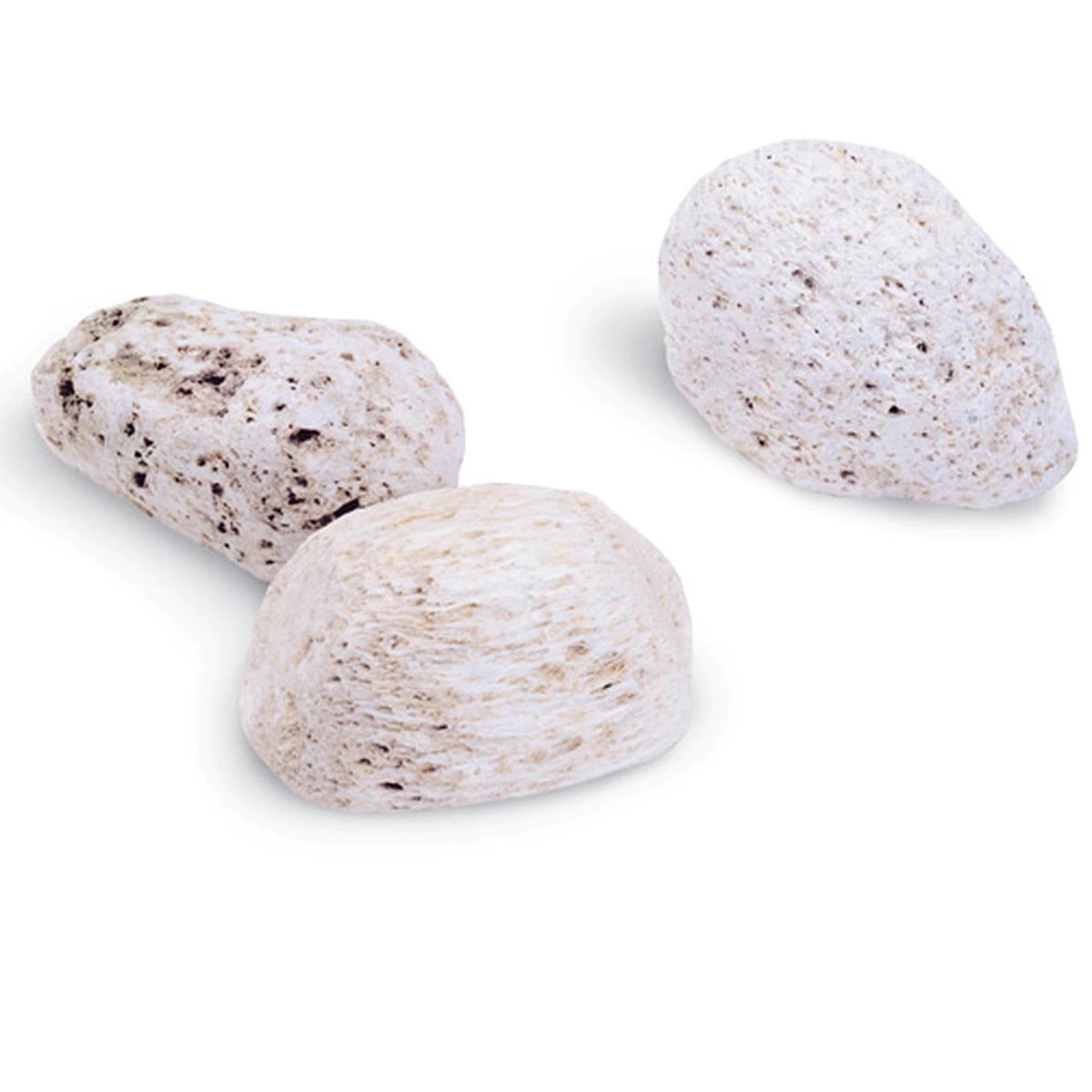 A trio of BAUDELAIRE Pumice Stones, showcasing their irregular shapes and rough, porous surfaces against a white backdrop. Perfect for exfoliating calloused skin, these stones display a blend of white and light gray tones with subtle speckles.