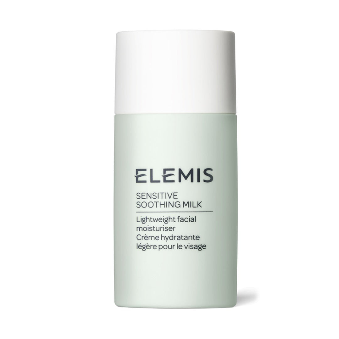 A light green bottle with a white cap labeled &quot;ELEMIS - SENSITIVE SOOTHING MILK&quot; by ELEMIS - STEINER, perfect for sensitive skin. The text describes it as a hydrating moisturizer that reduces redness, with additional French text: &quot;Crème hydratante légère pour le visage.