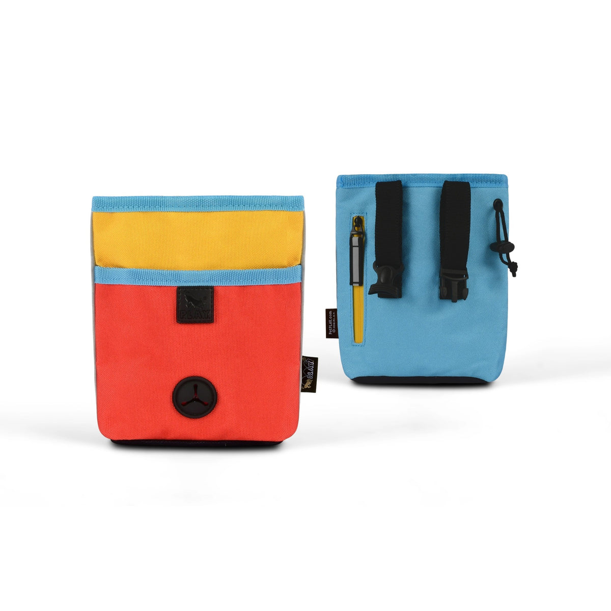 The TREAT POUCH SUNRISE from PLAY PET LIFESTYLE is a color-blocked rectangular deluxe treat pouch with a top zipper. This multi-functional dog accessory features a bright red bottom section, a yellow middle section, and a blue top section. It has a black adjustable strap and displays a small black round patch with an embroidered symbol on the front.