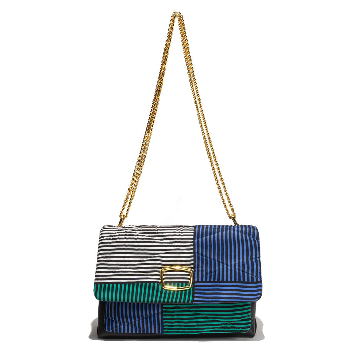The MILANO MM33 VINTAGE SCARF AND LEATHER HANDBAG - GEOMETRIC TILE is a stylish lambskin accessory adorned with a quilted, multicolored stripe pattern in black, white, blue, and green. It features a gold buckle on the front flap and a matching gold chain strap, all beautifully displayed against a white background. MADE IN ITALY.