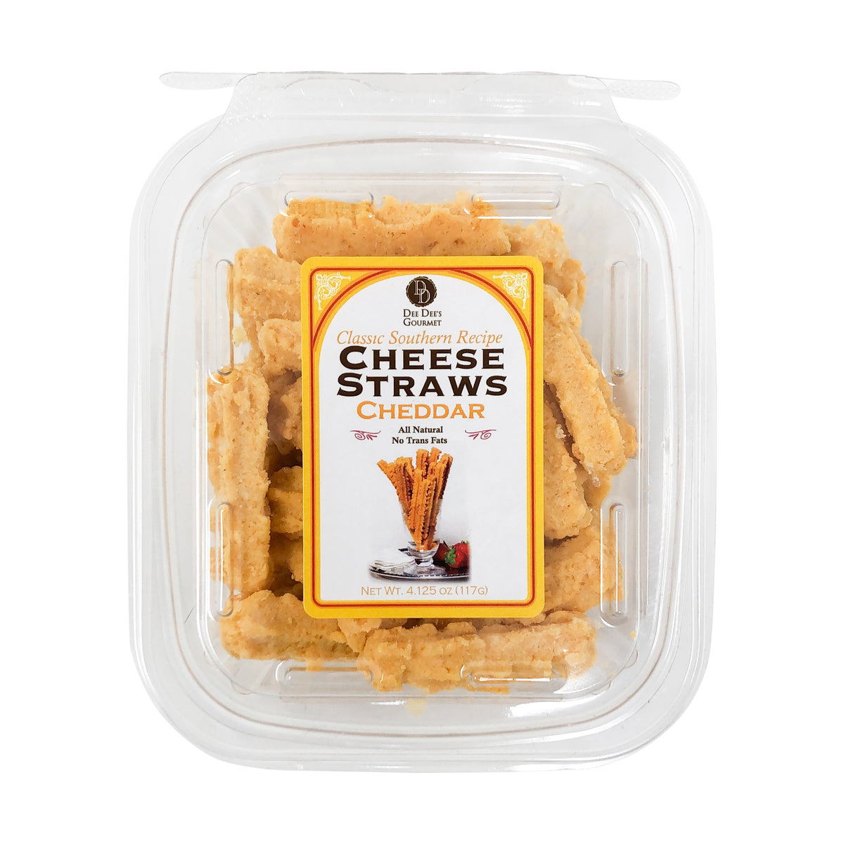 A clear plastic container of DEE DEE'S GOURMET - CHEESE STRAWS from DEE DEE'S GOURMET, with a lid label showing the cheese straws beside a cheddar block and reading "Classic Southern Recipe Cheese Straws Cheddar.