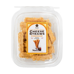 A clear plastic container of DEE DEE'S GOURMET - CHEESE STRAWS from DEE DEE'S GOURMET, with a lid label showing the cheese straws beside a cheddar block and reading "Classic Southern Recipe Cheese Straws Cheddar.
