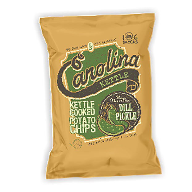 A 5-ounce (142 grams) bag of Carolina Kettle Dill Pickle Chips by 1 in 6 Snacks, made in the United States, features a tan package with a green and black label showcasing a pickle illustration. These delicious kettle-cooked snacks are sure to satisfy your craving for dill pickle flavor.