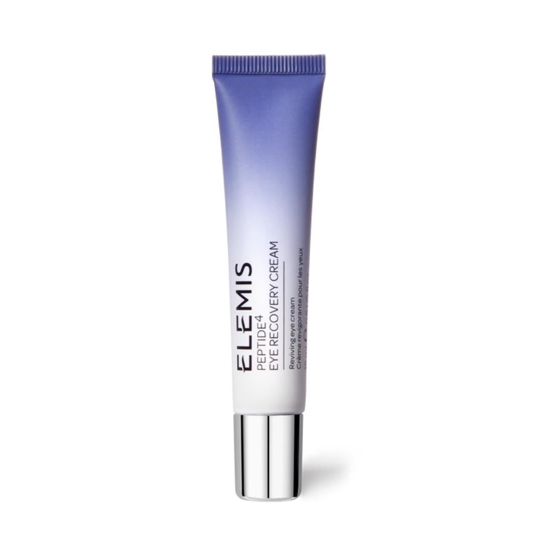 A tube of ELEMIS - PEPTIDE4 RECOVERY EYE CREAM 15ML, a hydrating eye cream from the brand ELEMIS - STEINER designed to combat puffiness and dark circles, is shown. The tube features a gradient design transitioning from purple at the top to white at the bottom and is capped with silver. Text on the tube indicates the product name and brand.