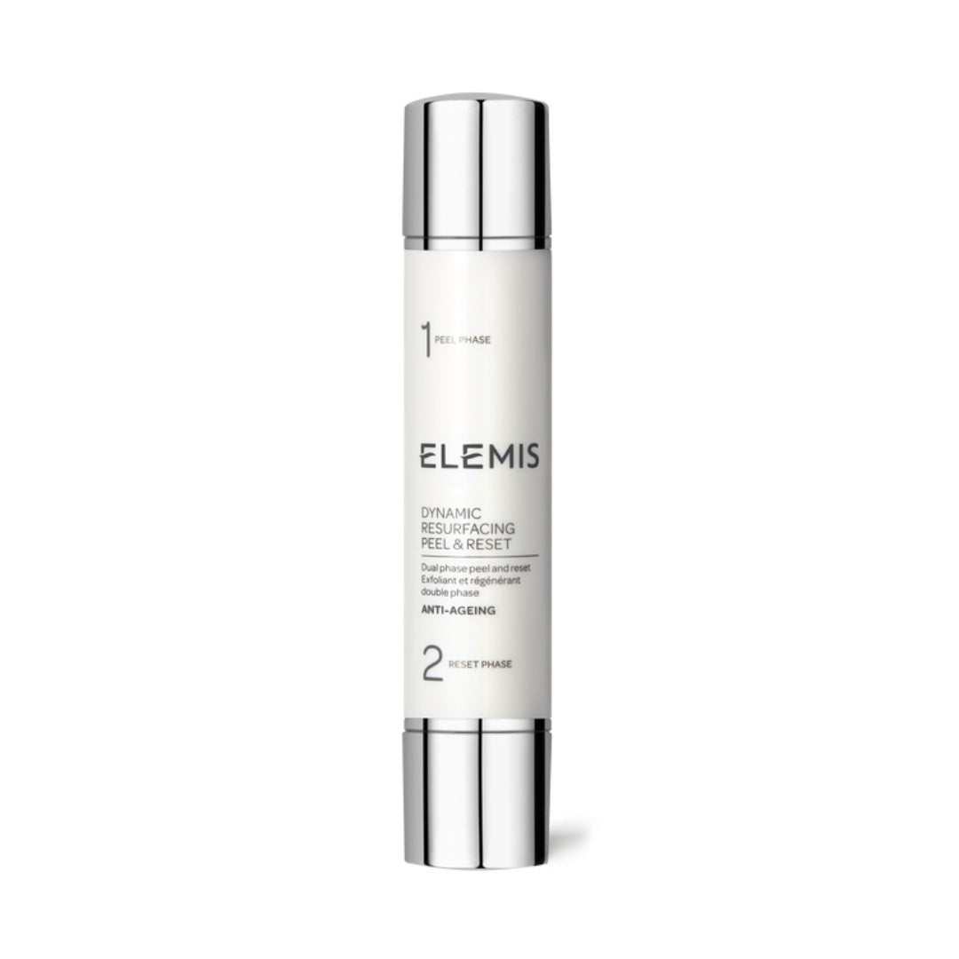 Product Data Rewrite: ELEMIS - DYNAMIC RESURFACING PEEL AND RESET by ELEMIS - STEINER comes in a white cylindrical bottle with silver pump dispensers on both ends. Utilizing Tri-Enzyme Technology, this anti-aging product promotes cell renewal through two phases: Peel Phase (1) and Reset Phase (2).