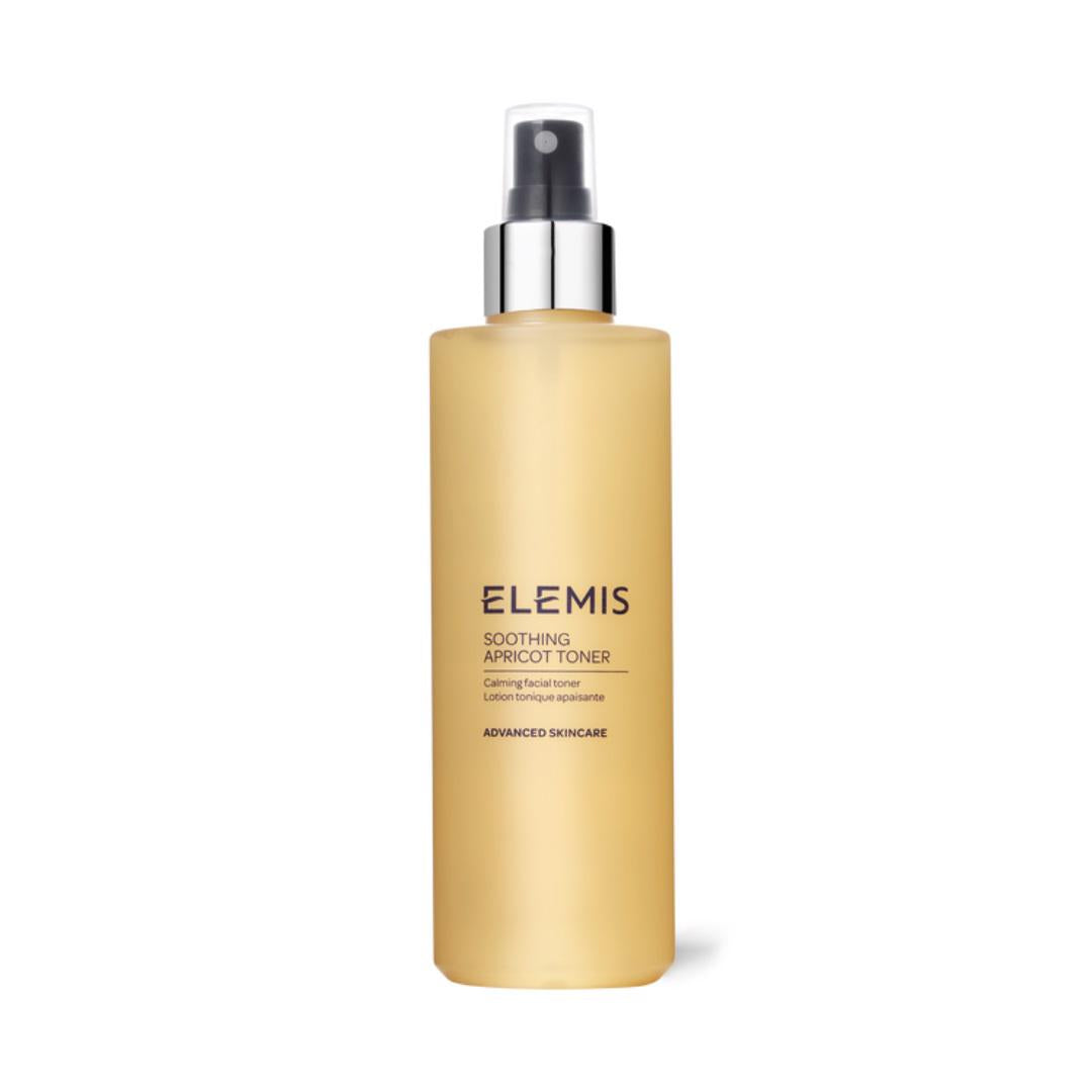 An image features a bottle of ELEMIS - SOOTHING APRICOT TONER by ELEMIS - STEINER, ideal for sensitive skin. The light yellow bottle, equipped with a silver spray nozzle and black cap, signifies its advanced skincare advantages. This calming facial toner hydrates and refreshes, specifically designed to soothe and rejuvenate your skin.