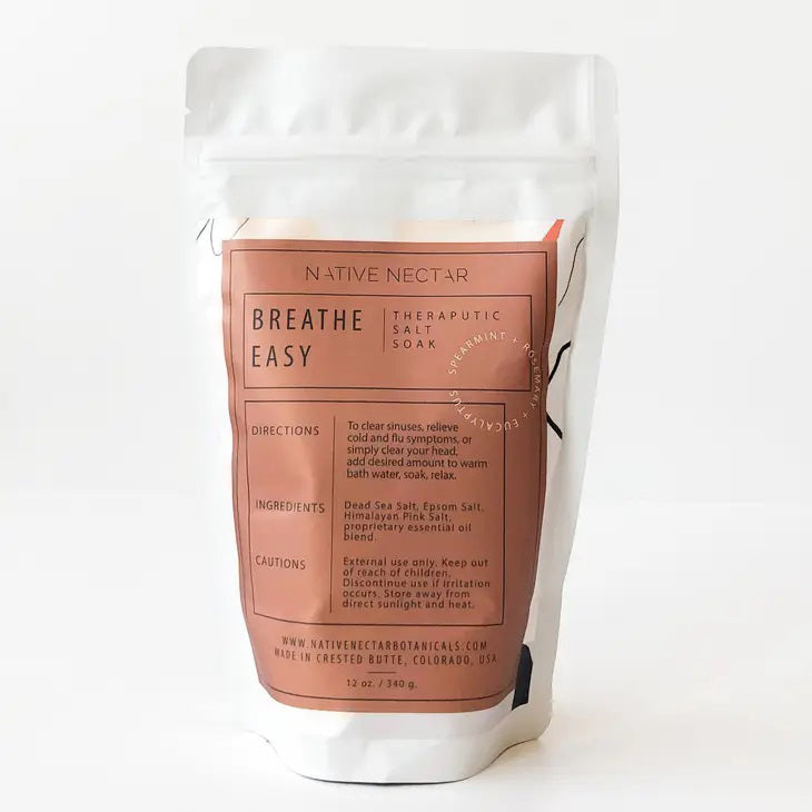 A white stand-up pouch labeled &quot;NATIVE NECTAR BREATHE EASY SALT SOAK,&quot; featuring directions, ingredients, and cautions. Contains Dead Sea salt, Epsom salt, and eucalyptus essential oil. Made in Crested Butte, Colorado, USA. 12 oz/340 g.