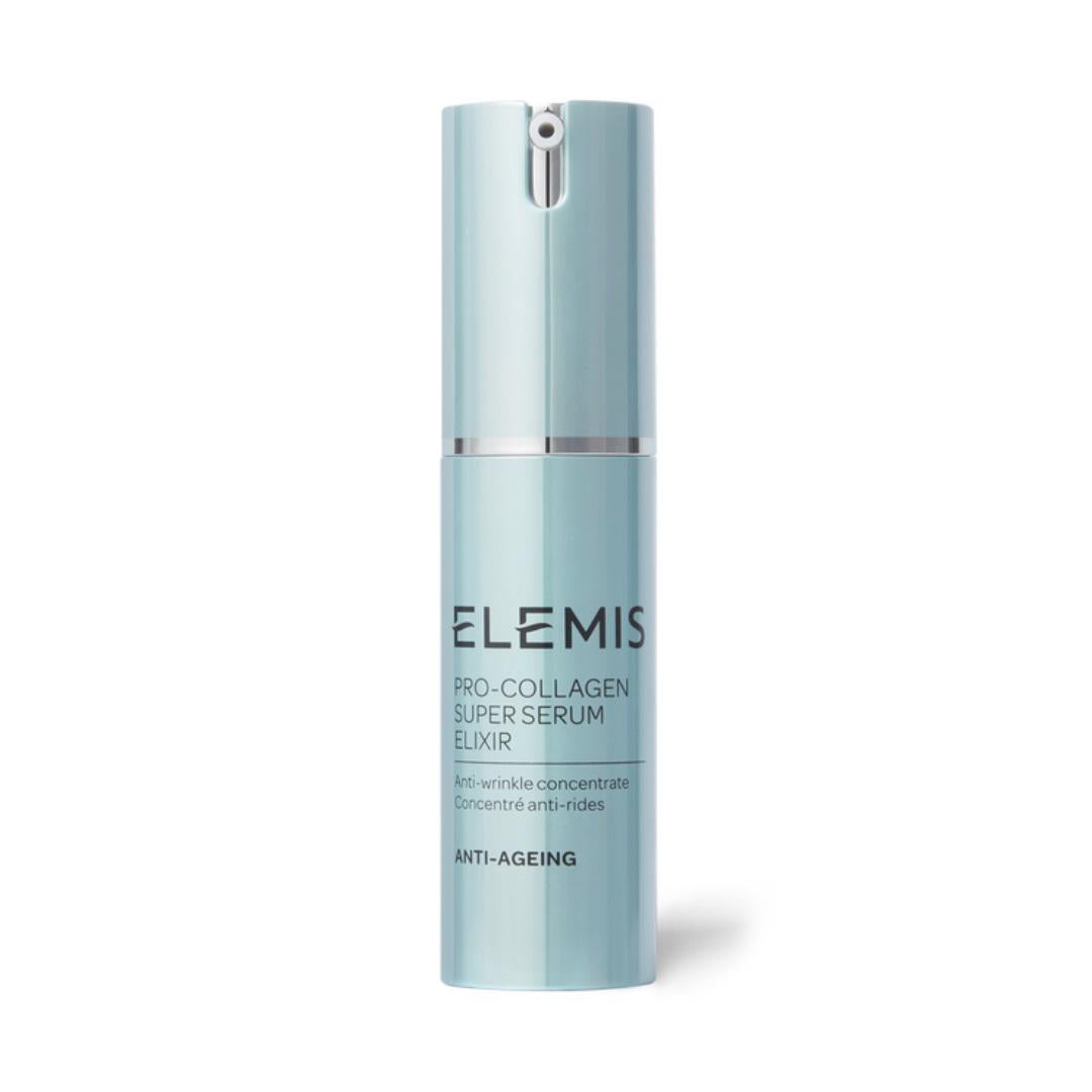 A sleek, light blue metallic bottle of ELEMIS - PRO-COLLAGEN SUPER SERUM ELIXIR, labeled as an anti-ageing concentrate infused with Hyaluronic Acid to target fine lines and wrinkles. The bottle features a pump dispenser at the top, with the brand ELEMIS - STEINER and product details printed on the front in dark text.