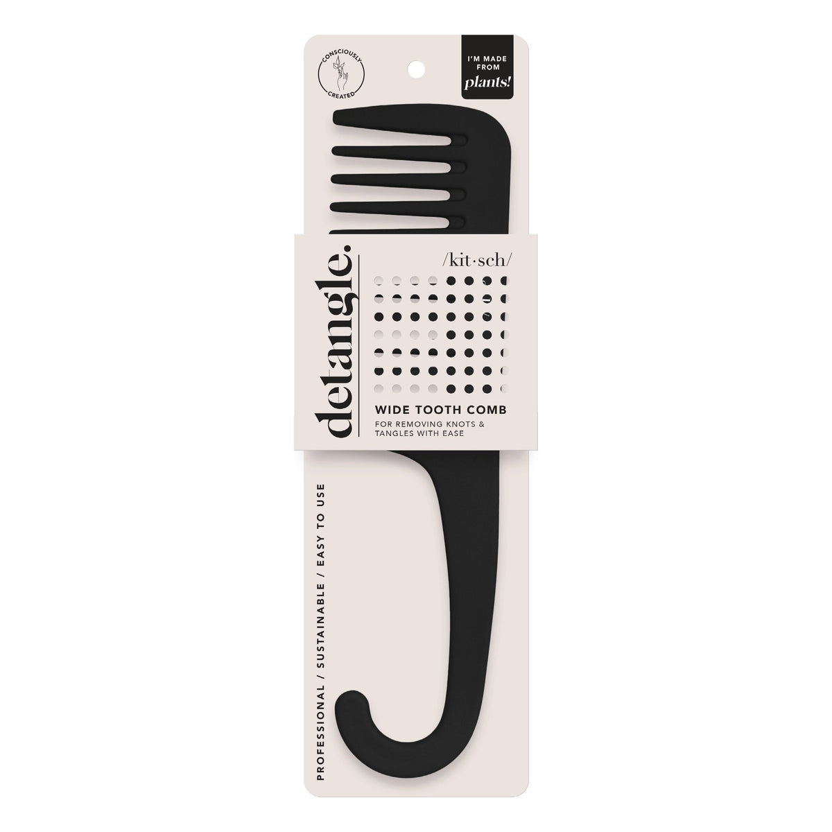 The KITSCH - WIDE TOOTH COMB features a black wide-tooth design with a hook handle, no-slip texture, and packaging labeled "detangle" and "wide tooth comb." It's sustainably crafted from plants for removing knots and tangles. Brand: KITSCH.
