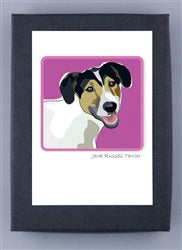 The PAPER RUSSELS - JACK RUSSEL TERRIER BOXED CARDS by PAPER RUSSELLS feature a Jack Russell Terrier portrait with a white coat, black and brown markings against a pink background. Printed on recycled paper, the image includes a white border and gray surface setting.