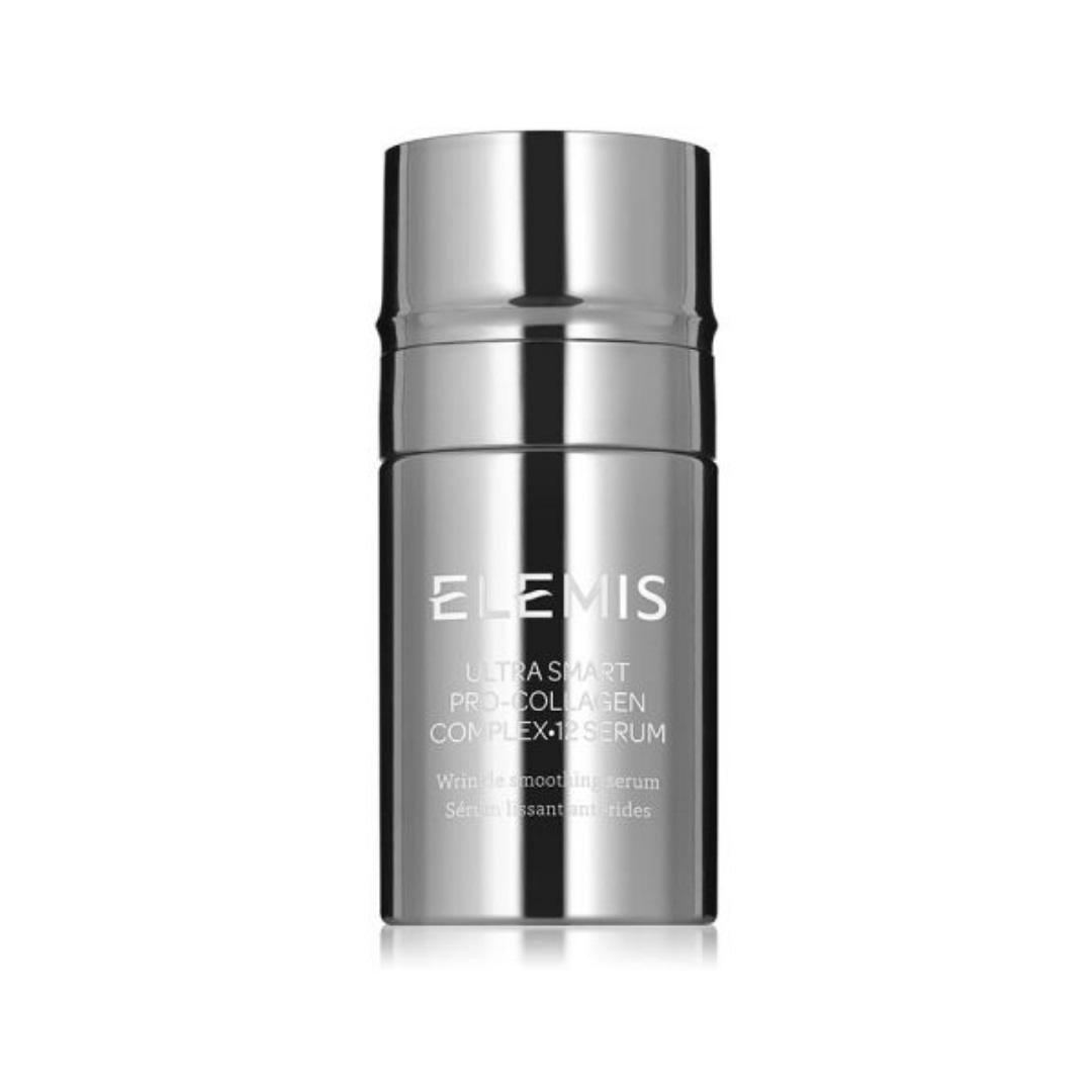 A sleek silver cylindrical bottle of ELEMIS - PRO-COLLAGEN ULTRA SMART COMPLEX 12 SERUM by ELEMIS - STEINER featuring ULTRA SMART Drone Peptide Technology. The smooth edges and shiny surface complement the product name elegantly written in white text on the front, making it a luxurious anti-aging serum.