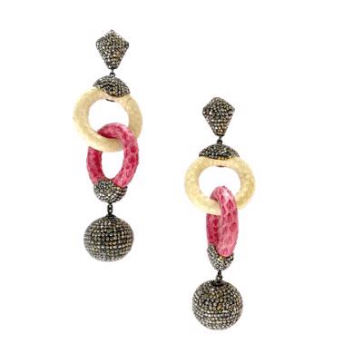Introducing JEWELEVER LIMITED's EARRING DOUBLE HOOP BEIGE PINK HEMATITE (BLACK RHODIUM PLATED): a pair of chic statement post earrings showcasing a stud at the top, followed by leather-wrapped hoops elegantly intertwined with rings in gold, pink, and cream shades. Each earring is embellished with sparkling stones and finishes with a spherical, stone-studded charm.