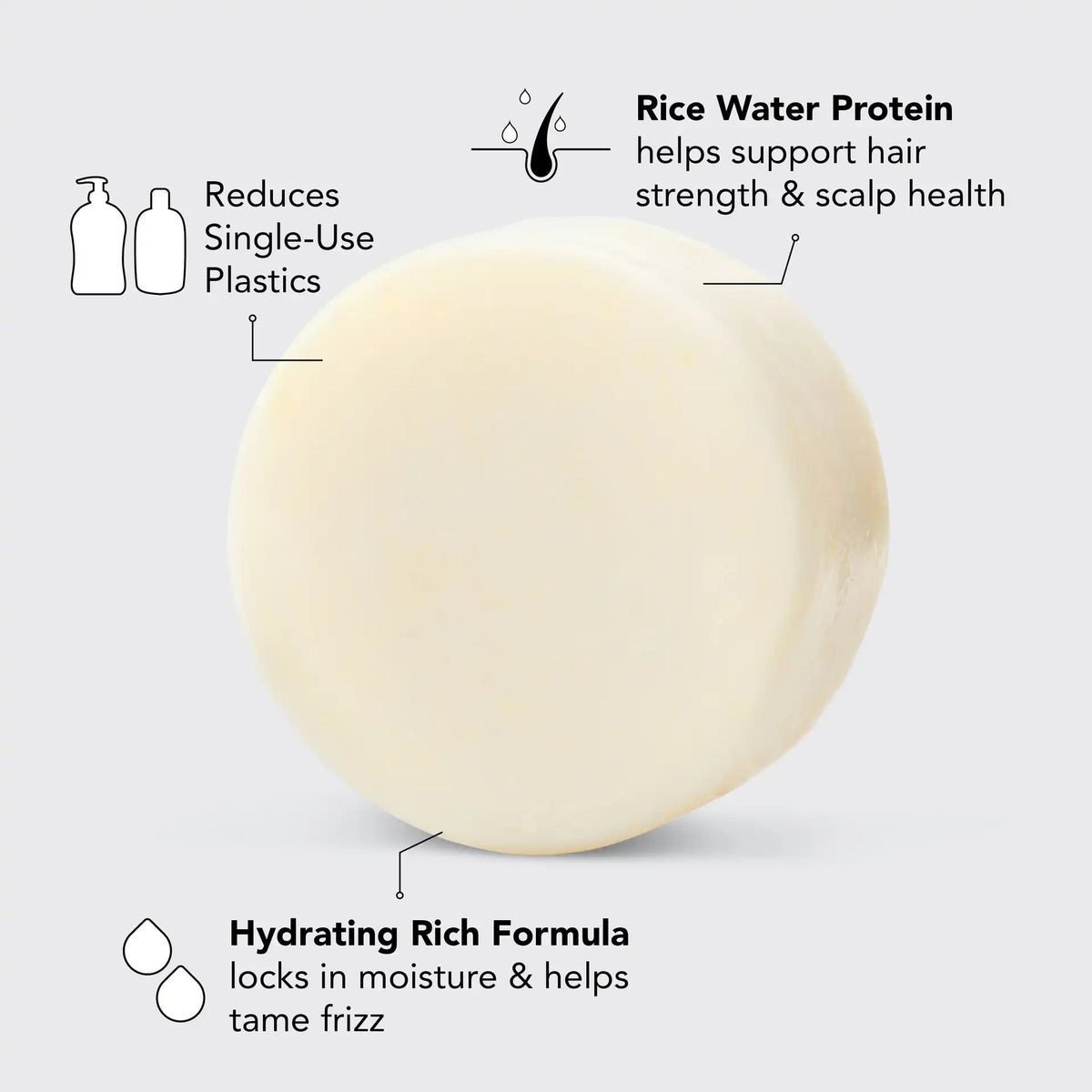 A round, off-white solid conditioner bar rests on its black and white packaging labeled "KITSCH - RICE WATER PROTEIN CONDITIONER BAR FOR HAIR GROWTH," promoting benefits for damaged hair repair. The product is color safe, pH balanced, and vegan.
