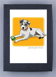 The PAPER RUSSELLS JACK RUSSELL TERRIER BOXED CARDS feature a playful illustration of a Jack Russell Terrier with a green ball on a yellow background. The black and white dog wears a red collar. Printed on recycled paper, these cards emphasize eco-friendly choices.