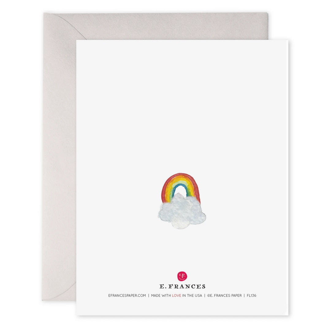 The E. FRANCES PAPER - I THINK YOU'RE MAGICAL CARD features an original watercolor of a purple unicorn with striped legs on a cloud, accompanied by the handwritten message, "I think you're magical," highlighted by stars and printed on luxe heavyweight paper for elegance.