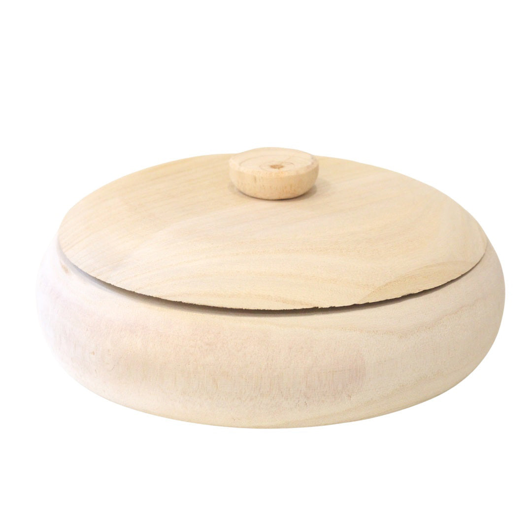 The PAULOWNIA WOOD CONTAINER by CREATIVE COOP is a round wood container with a matching lid, slightly open. The bowl and lid feature a smooth, light-colored finish that beautifully showcases the natural wood grain patterns. A small knob on top of the lid ensures easy lifting.