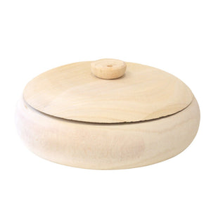 The PAULOWNIA WOOD CONTAINER by CREATIVE COOP is a round wood container with a matching lid, slightly open. The bowl and lid feature a smooth, light-colored finish that beautifully showcases the natural wood grain patterns. A small knob on top of the lid ensures easy lifting.