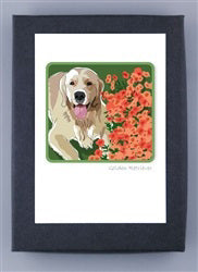The PAPER RUSSELS - GOLDEN RETRIEVER WITH FLOWERS boxed cards by PAPER RUSSELLS depict a golden retriever with its tongue out, lying by vibrant orange flowers on a green background. The artwork is presented in a USA-made black frame.