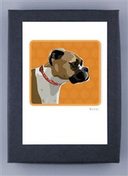 Presenting PAPER RUSSELLS - BOXER NOTE CARDS by PAPER RUSSELLS: This elegant set features framed illustrations of a brown and white dog with a red collar. The dog is depicted in profile, facing left against an orange background, enclosed by a simple dark border. This modern, stylized artwork is printed on recycled paper using renewable green electricity.