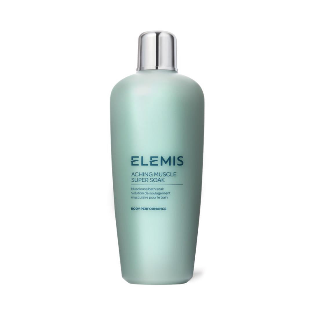 A bottle of ELEMIS - ACHING MUSCLE SUPER SOAK from ELEMIS - STEINER is shown against a white background. The muted teal bottle, with a silver cap and dark blue text, clearly states the product&#39;s name and purposes. Labelled &quot;Body Performance,&quot; this antioxidant-rich soak relieves aching muscles for an energizing bath experience.